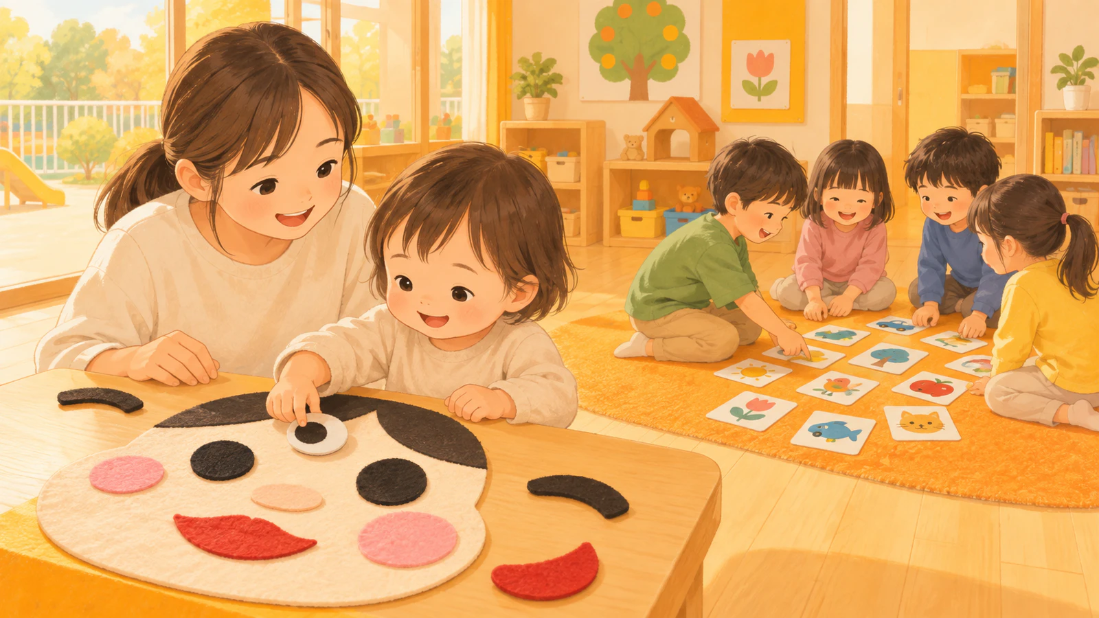 保育室で、1〜2歳の子どもが先生とフェルトの福笑いで遊び、奥で4〜5歳の子どもたちがかるたを囲む様子