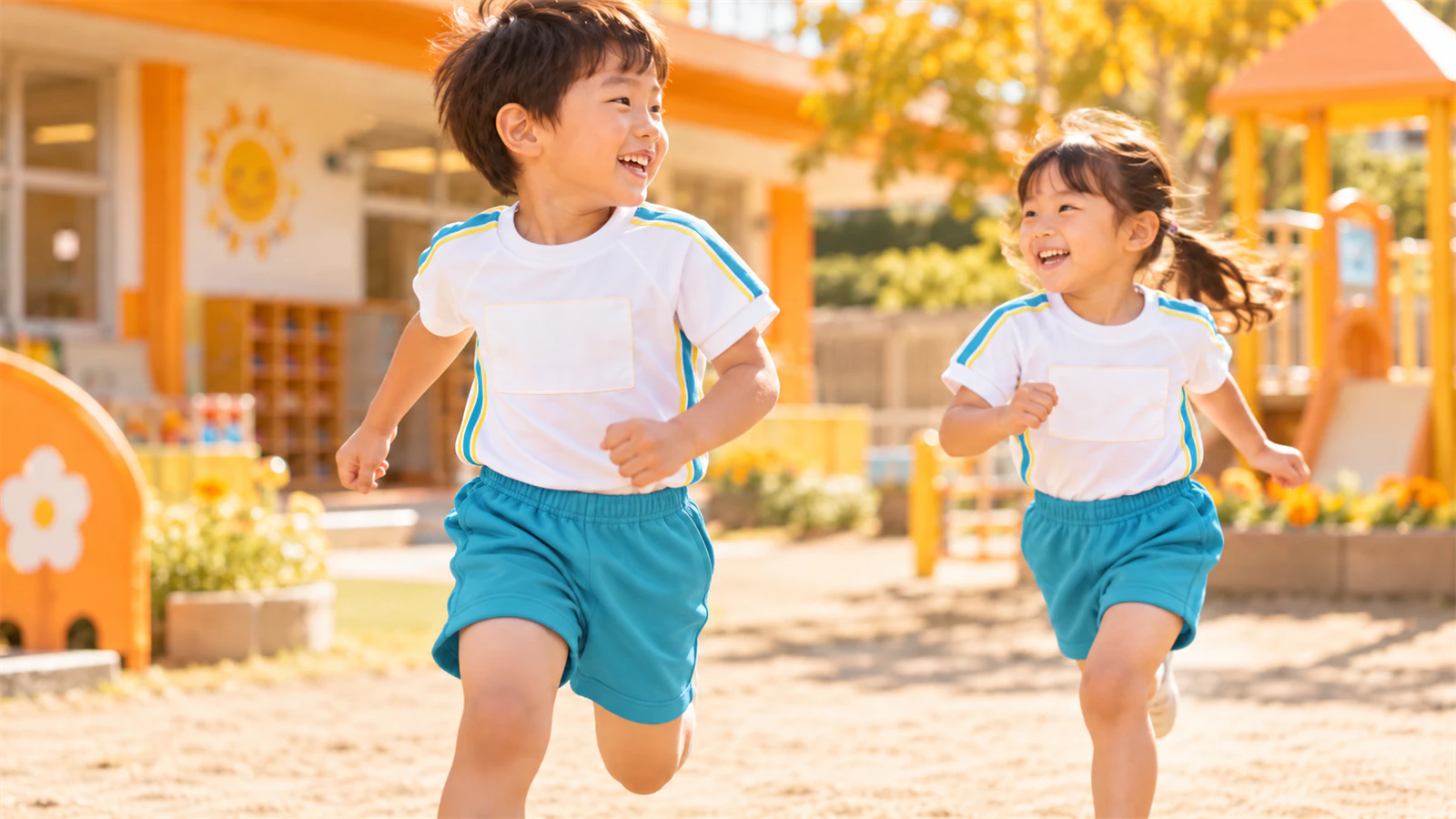 胸に白いゼッケンを付けた体操服で、園庭を走る子どもたち
