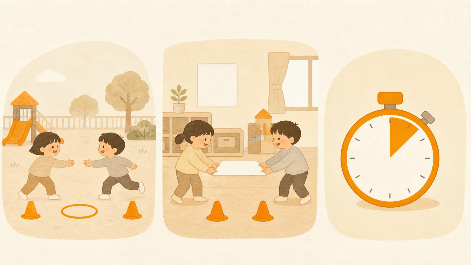人数、会場、時間の三条件から競技を調整する図