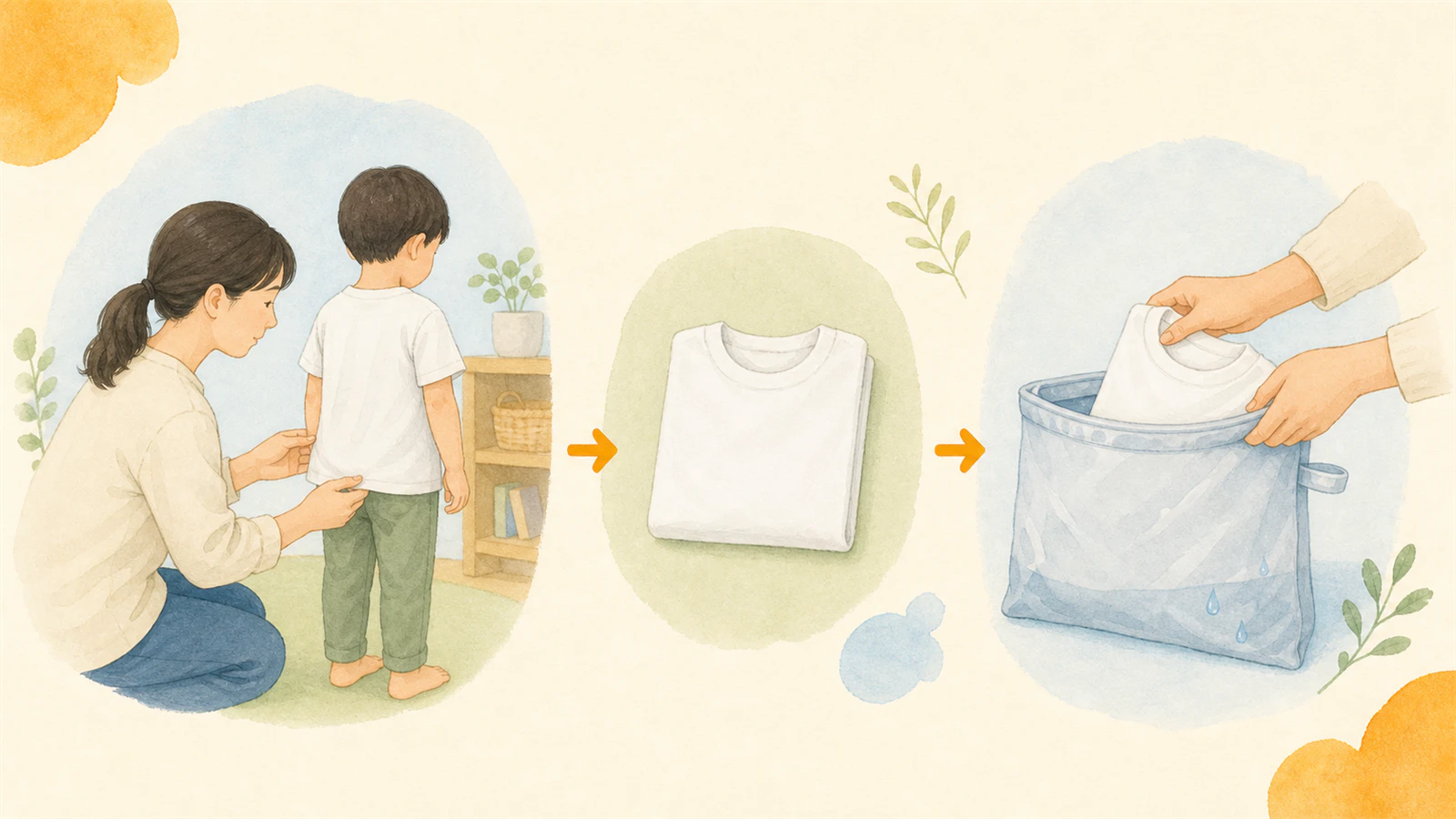 汗を確認し乾いた服へ着替え濡れ物袋へ分ける流れ
