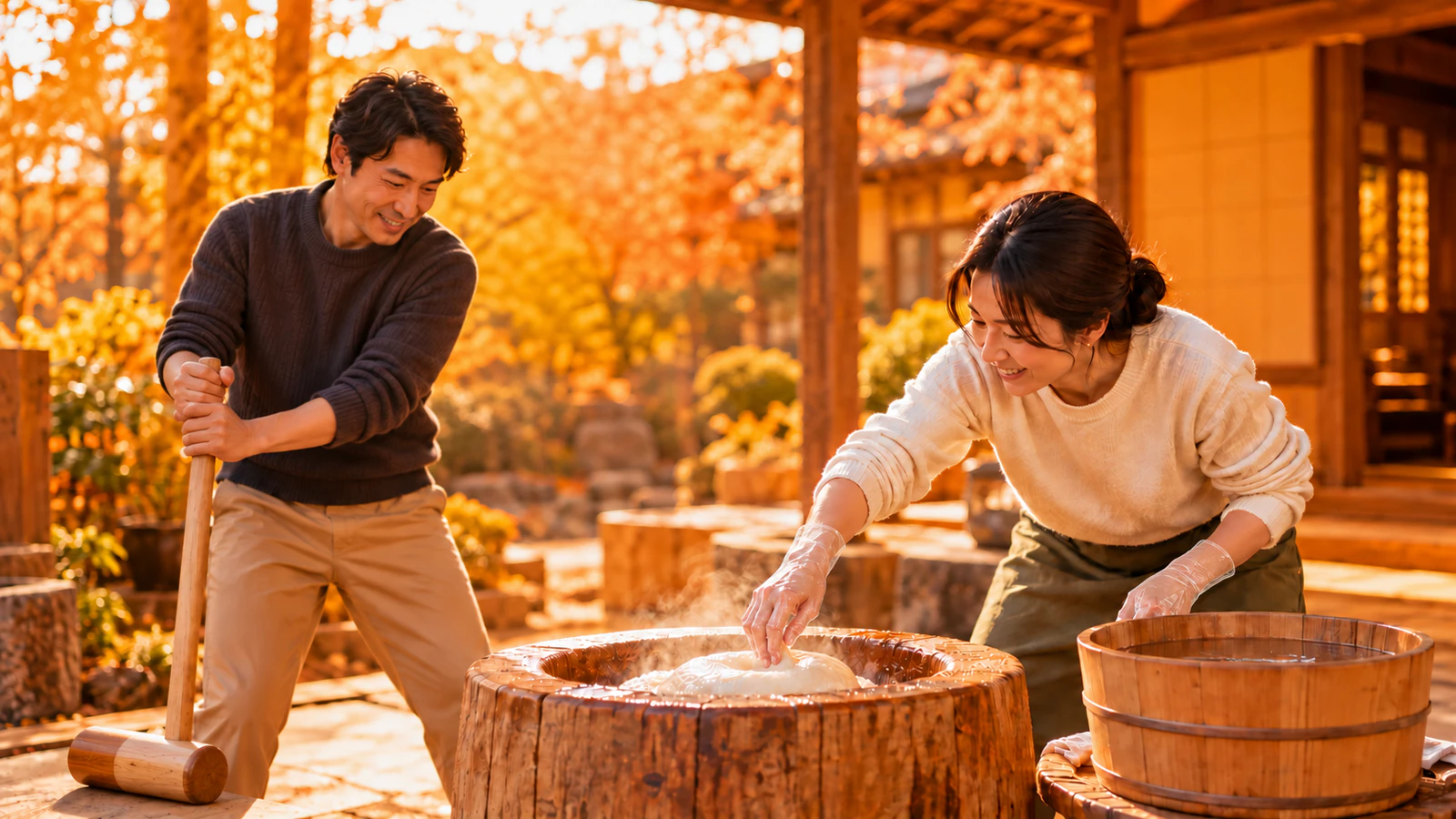 臼の中の蒸したもち米を、大人が杵でつき、そばの大人が手を水でぬらして餅を返している様子