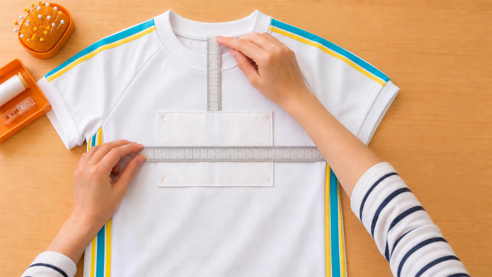 体操服の胸に白いゼッケンを仮置きし、定規で左右の中央と高さを確かめる手元