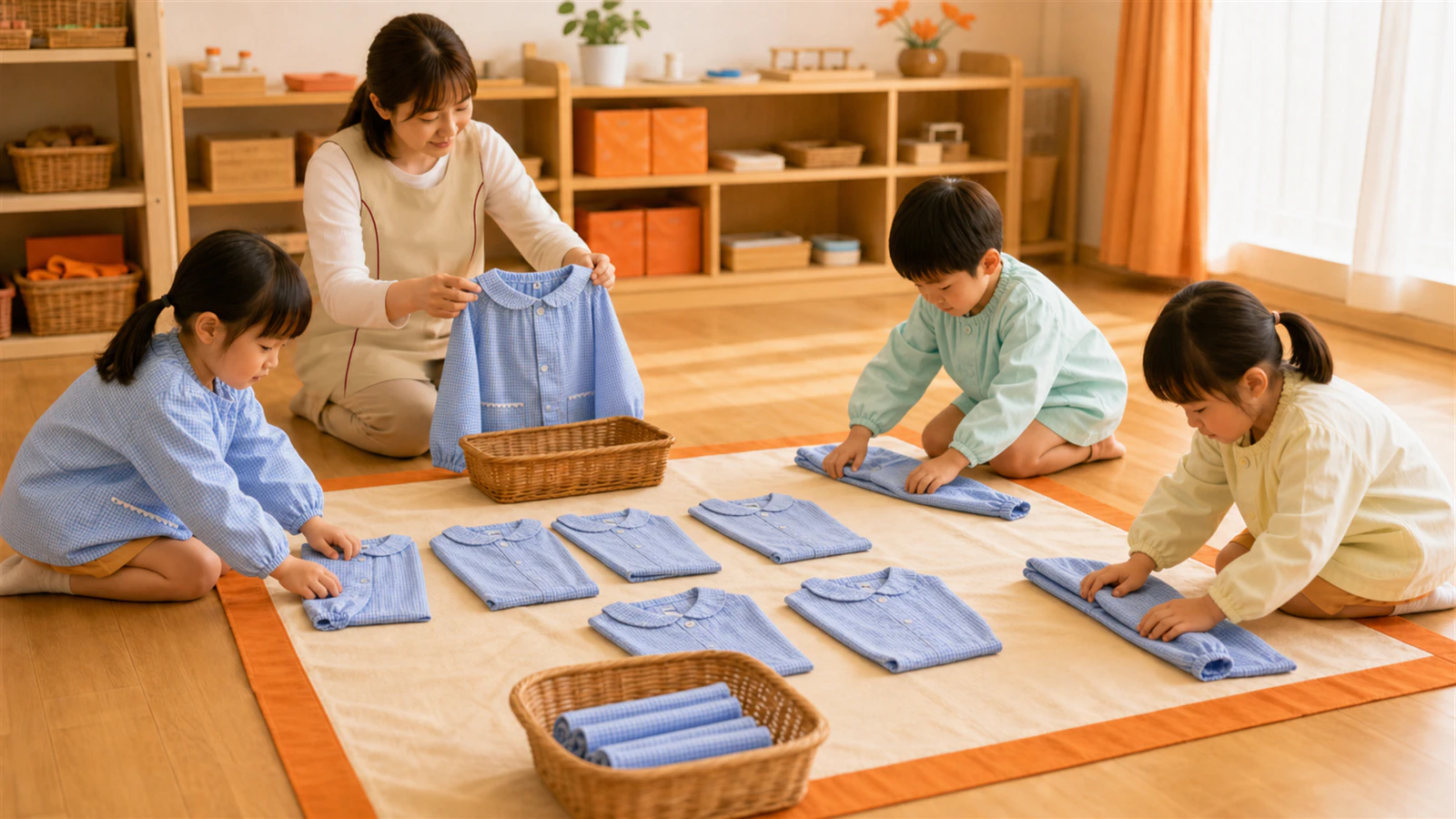 キリンジのスモックを着た子どもたちが、先生と一緒に衣服を畳んで整理する様子