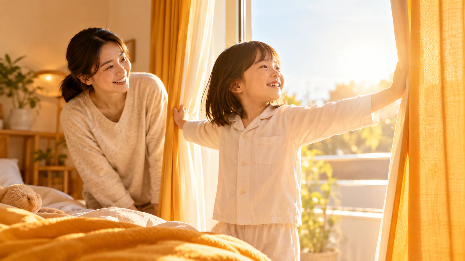 冬の朝、パジャマの子どもがカーテンを開けて朝日を浴び、保護者がそばで見守っている様子