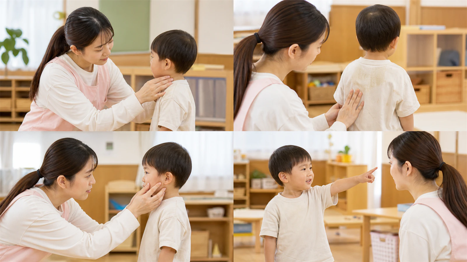 先生が子どもの首元の汗、顔色、動き、訴えを確認する様子