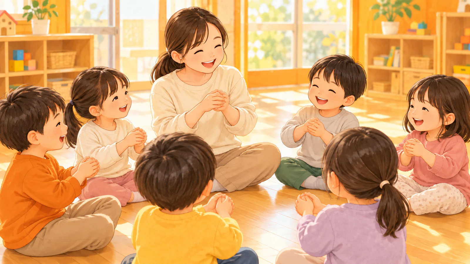 保育室で、先生と子どもたちが輪になって座り、両手を合わせて餅を丸めるまねをしながら笑っている様子