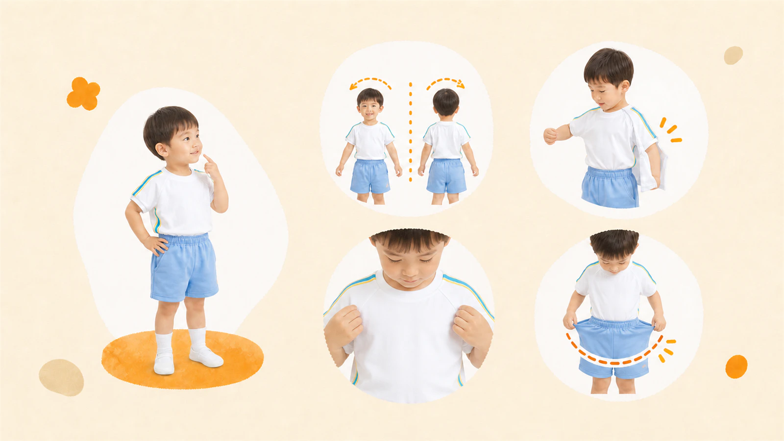 体操服の前後、襟ぐり、袖、ウエスト、裾を動作で確認する図