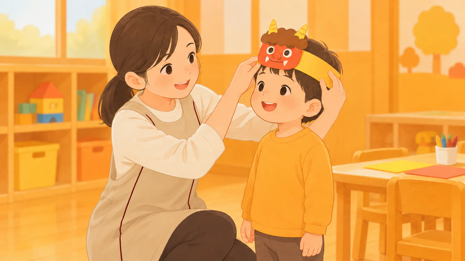 先生が子どもの頭に鬼のお面のバンドを巻き、額の位置と目の前があいていることを確かめている様子