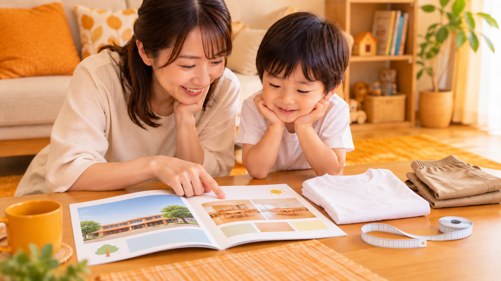 机に広げた園の案内の冊子を見ながら、無地の半袖シャツとたたんだズボン、巻き尺を用意する母親と子ども