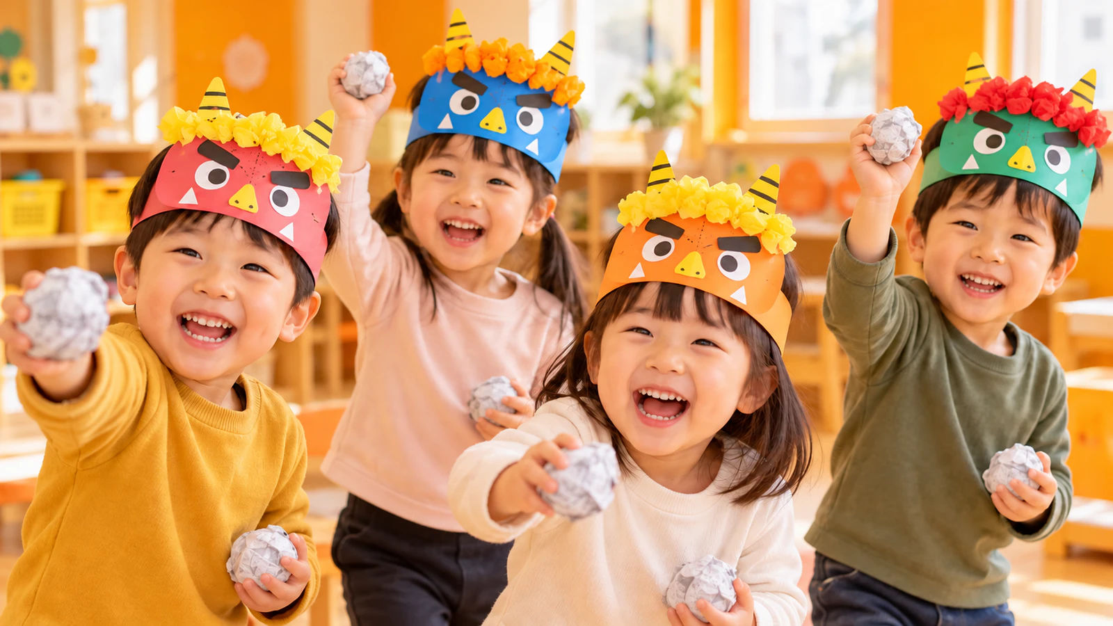 保育室で、手作りの鬼のお面をかぶった普段着の子どもたちが、紙を丸めた豆を持って笑っている様子