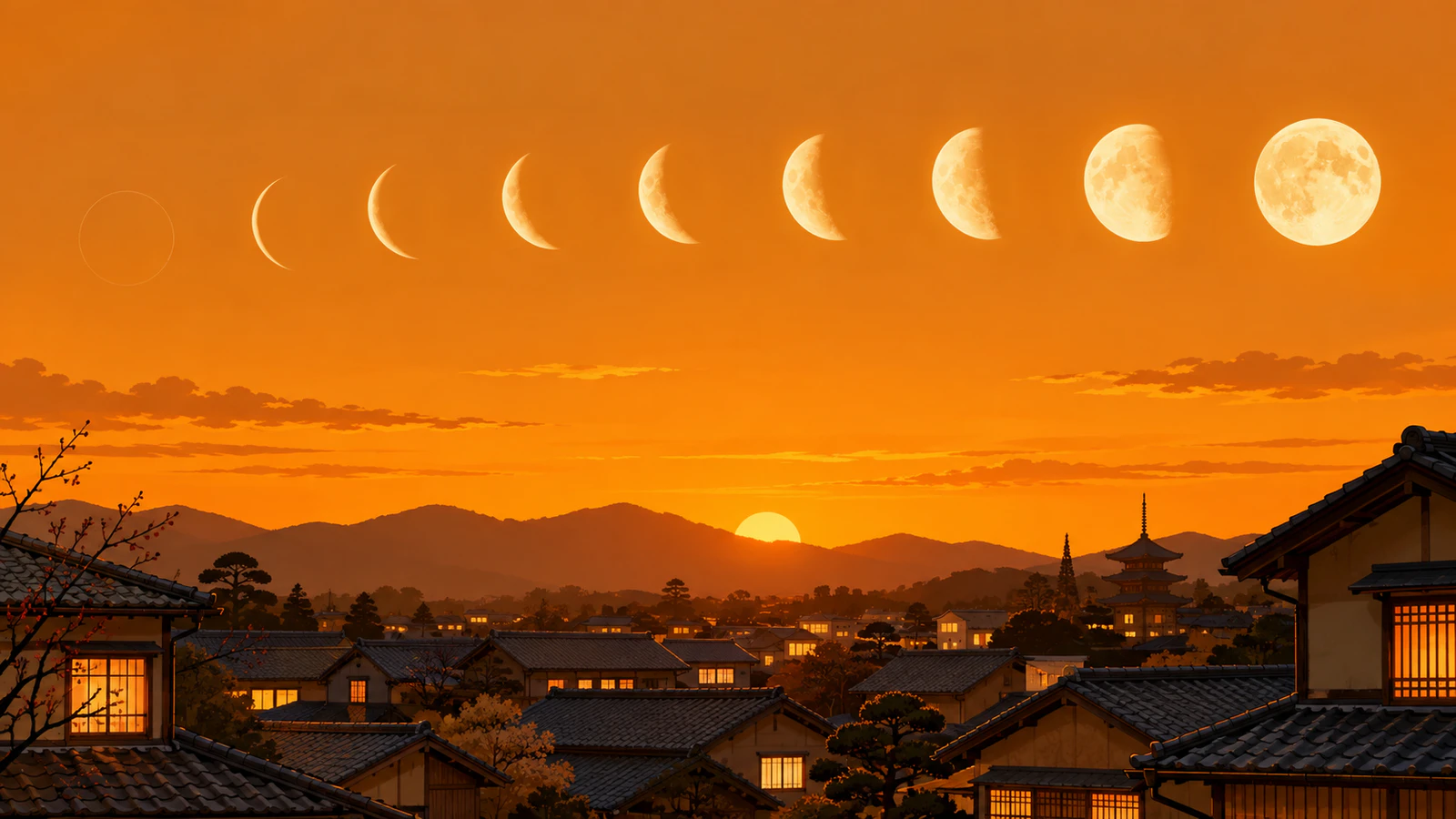 年の瀬の町並みの上に、右の丸い月から左へ細くなり、最後は見えなくなる月の満ち欠けを並べた図