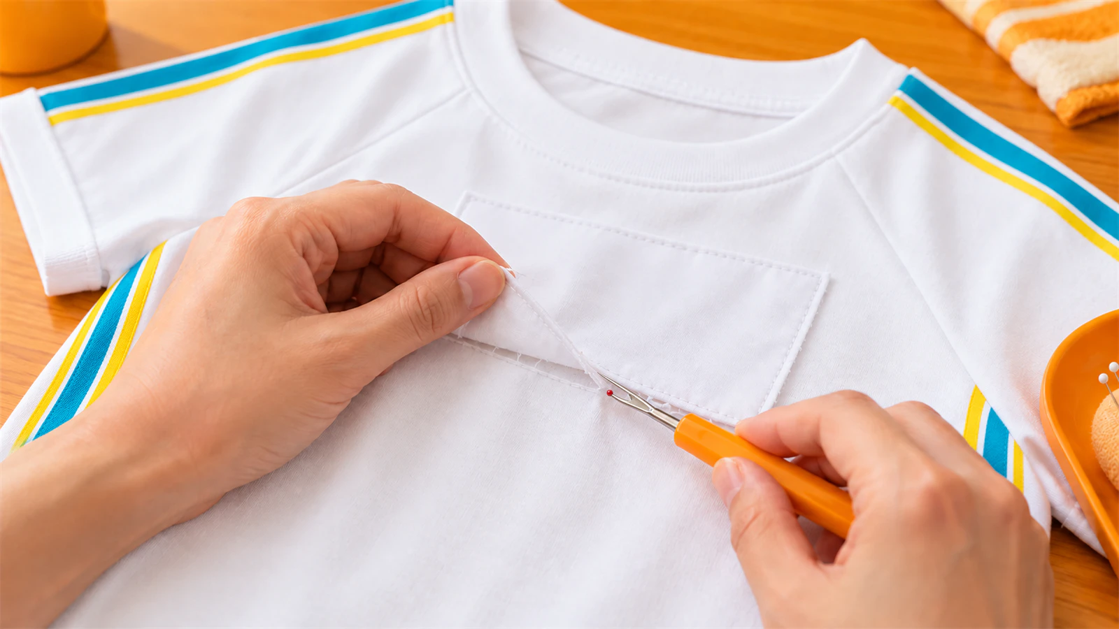 お下がりの体操服から、リッパーでゼッケン側の糸だけを切って外す手元