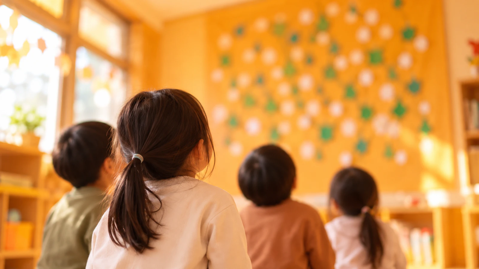 保育室の壁の大きな台紙に子どもたちの緑の作品が小さくぼやけて並び、普段着の子どもたちが後ろ姿で見上げている様子
