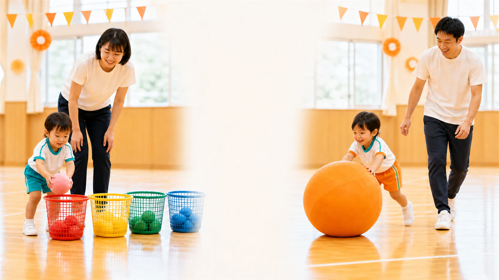 キリンジの体操服を着た3歳児が、保護者と色ボール運びや大玉押しを楽しむ様子