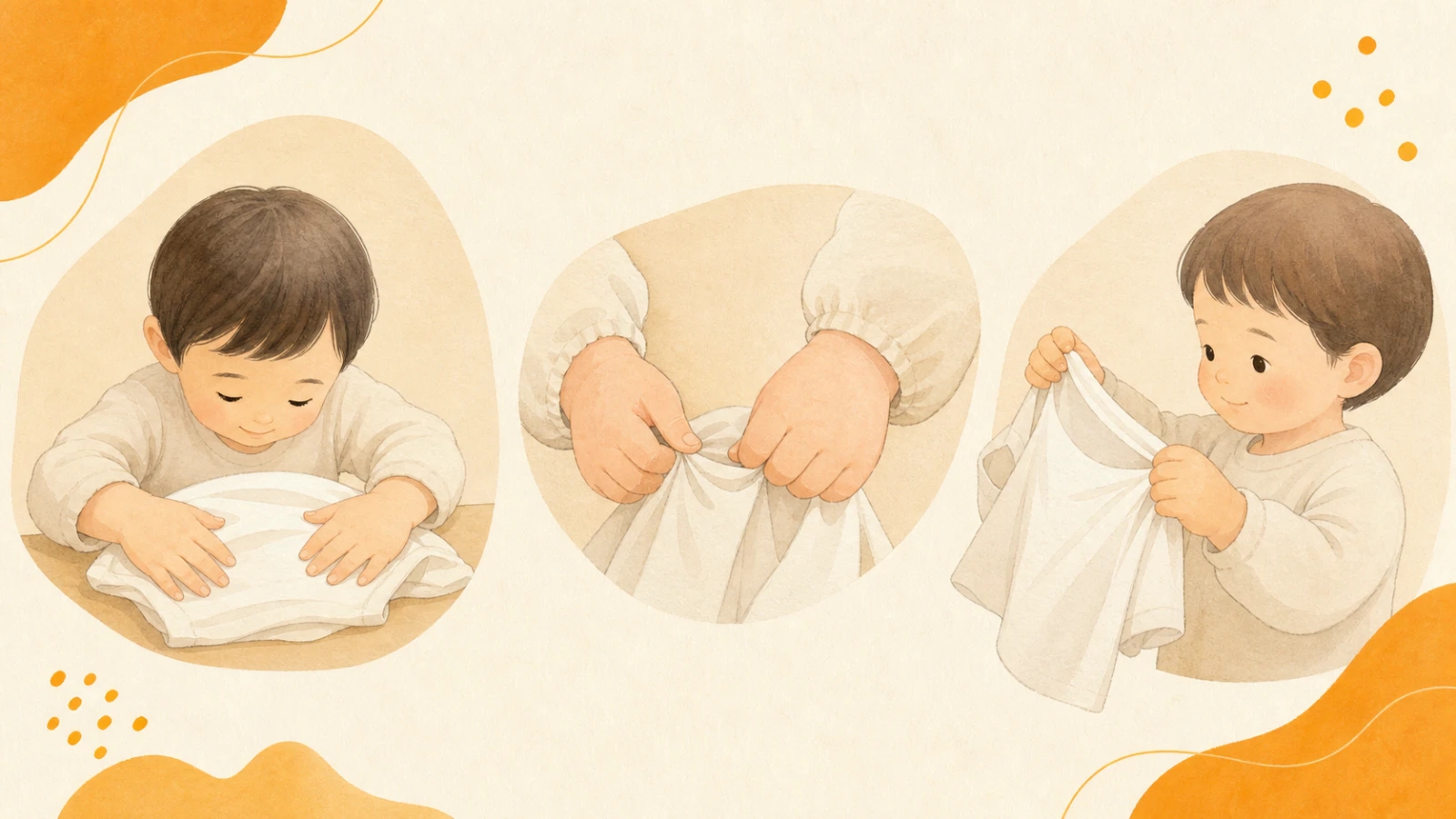 両手を使う、つまむ、着替えへ関心を示す三つの様子