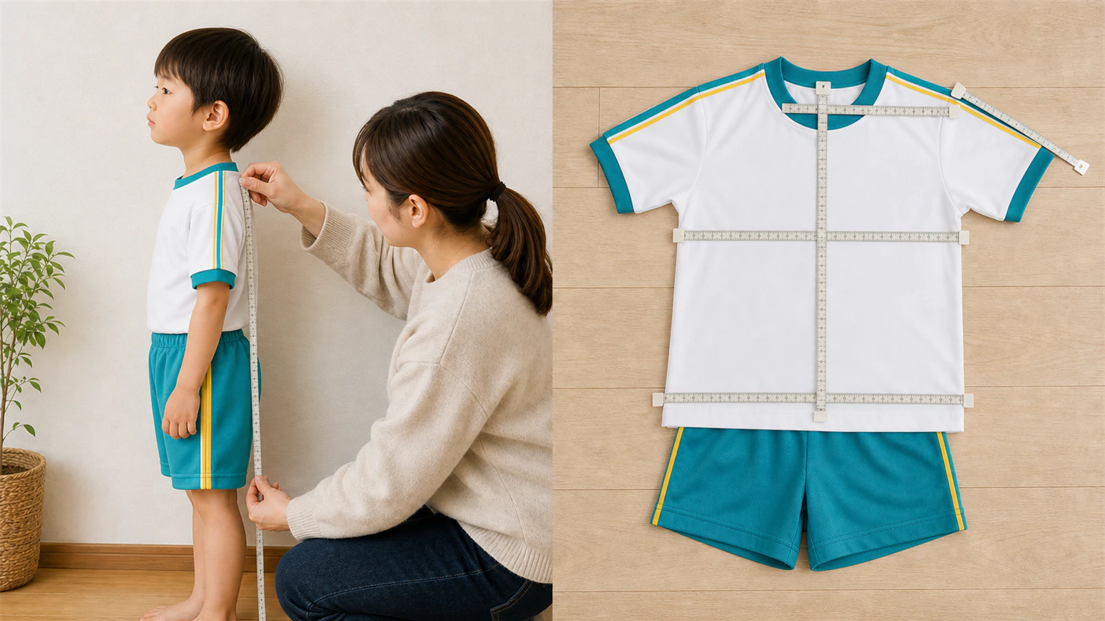 キリンジの体操服を着た子どもの丈を測り、平置きした上衣と半ズボンも採寸する様子