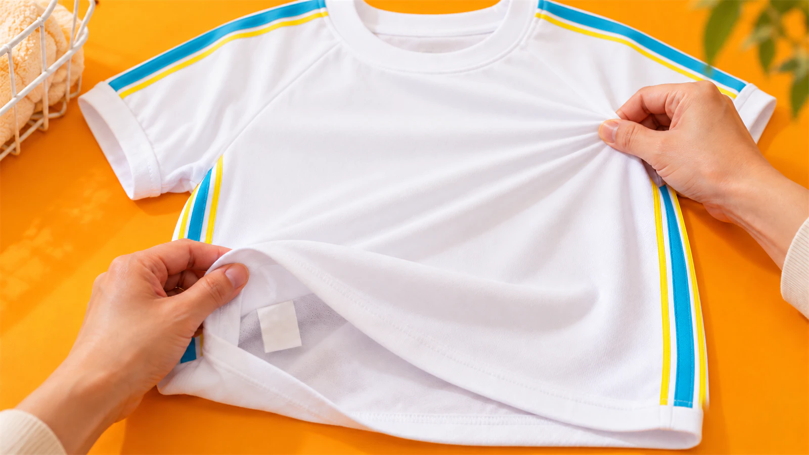 体操服の内側の洗濯表示を確かめ、胸の生地を横に軽く引いて伸び具合を見る手元