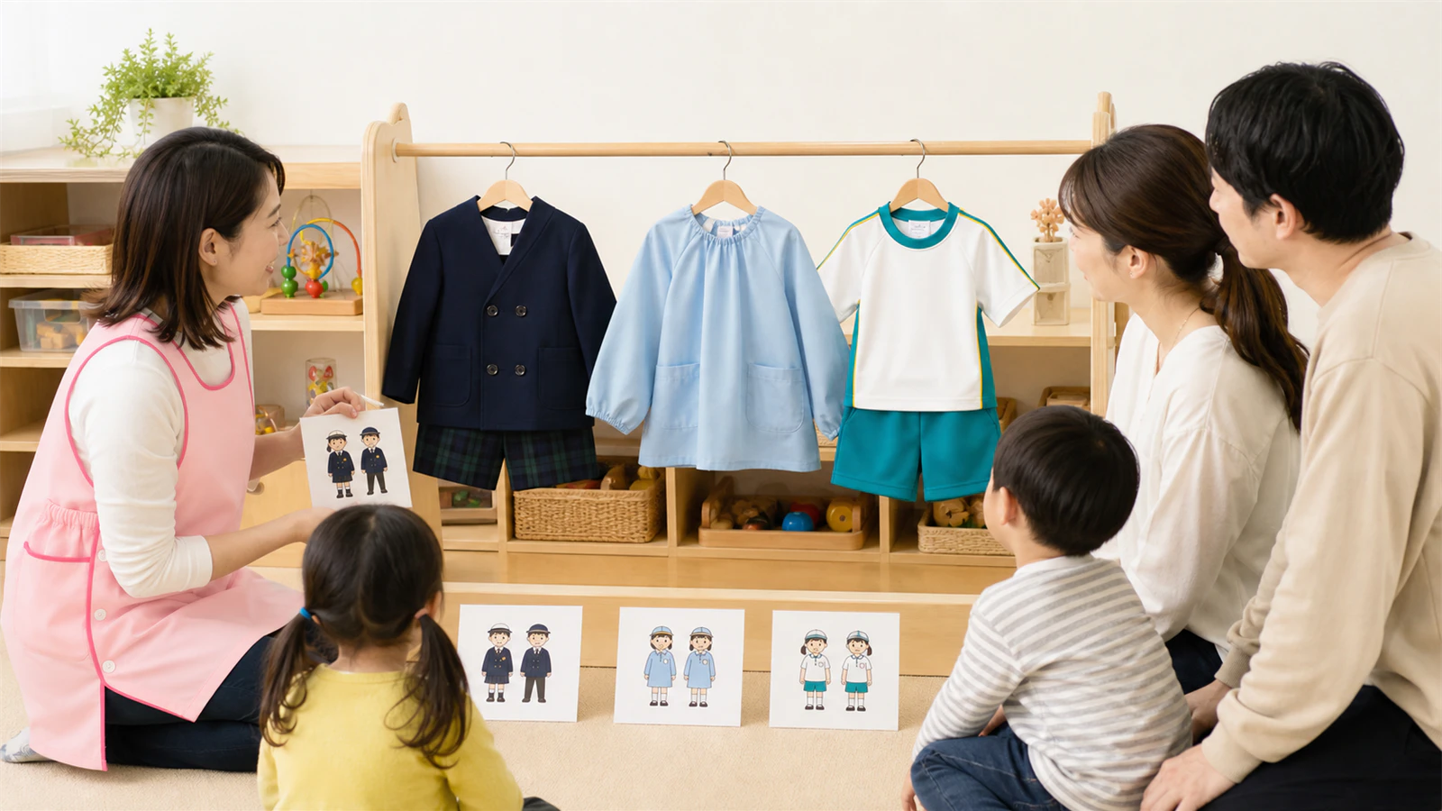 キリンジの園服・スモック・体操服と三つの場面カードを見比べ、指定範囲を検討する親子と先生