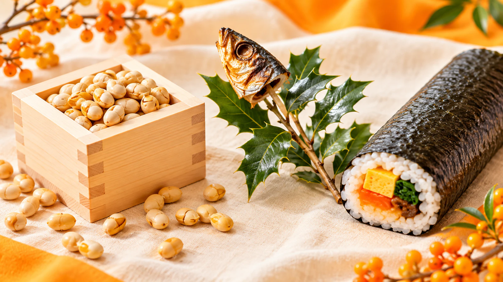 豆を入れたます、ひいらぎの枝にいわしの頭を刺した飾り、太巻きを、生成りの布の上に並べた様子