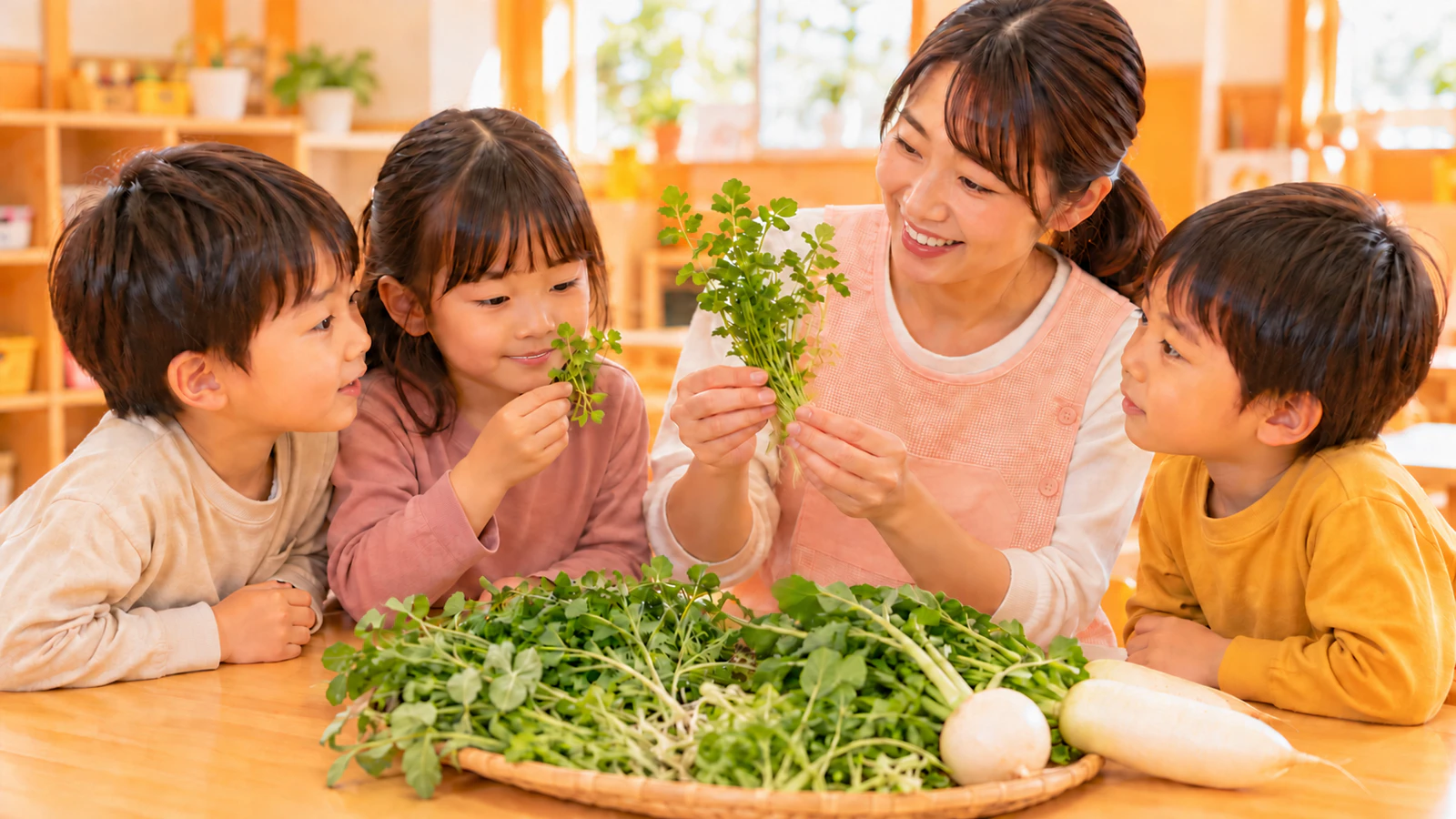 保育室で、先生と普段着の子どもたちが、机に並べた春の七草を見たり、においをかいだりしている様子