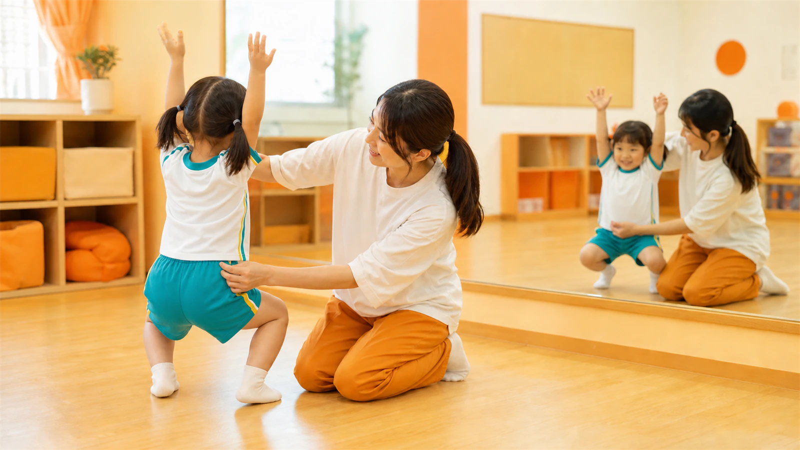 キリンジの体操服を着た子どもが、鏡の前で腕上げとしゃがみ動作を試す様子