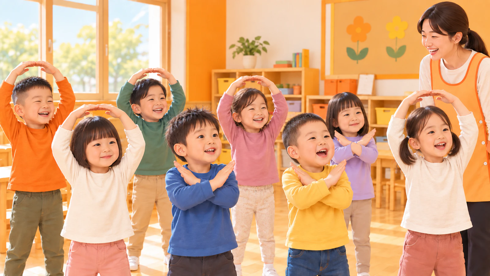 普段着の子どもたちが、頭の上で両腕を丸くしたり、胸の前で腕を交差させたりしてクイズに答えている様子