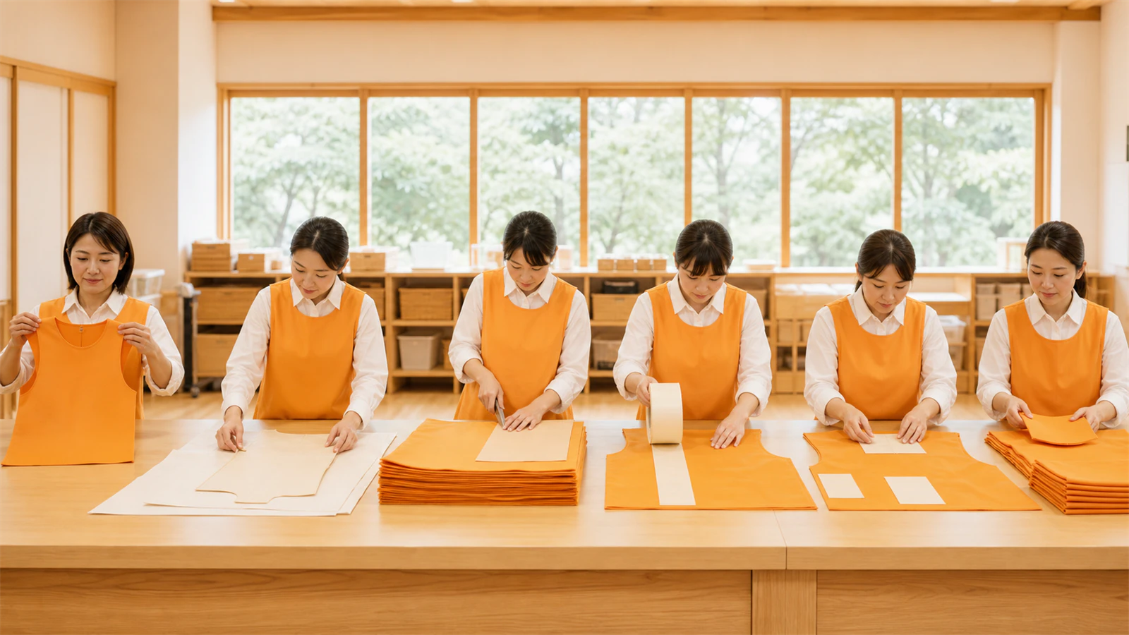 完成見本、型紙、裁断、接合、検品を分担して衣装を量産する先生たち