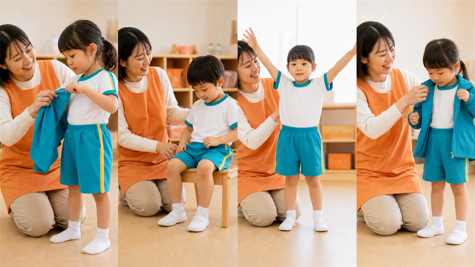 キリンジの体操服を着た子どもが、着脱・着席・腕上げ・上着の重ね着を試す4つの場面