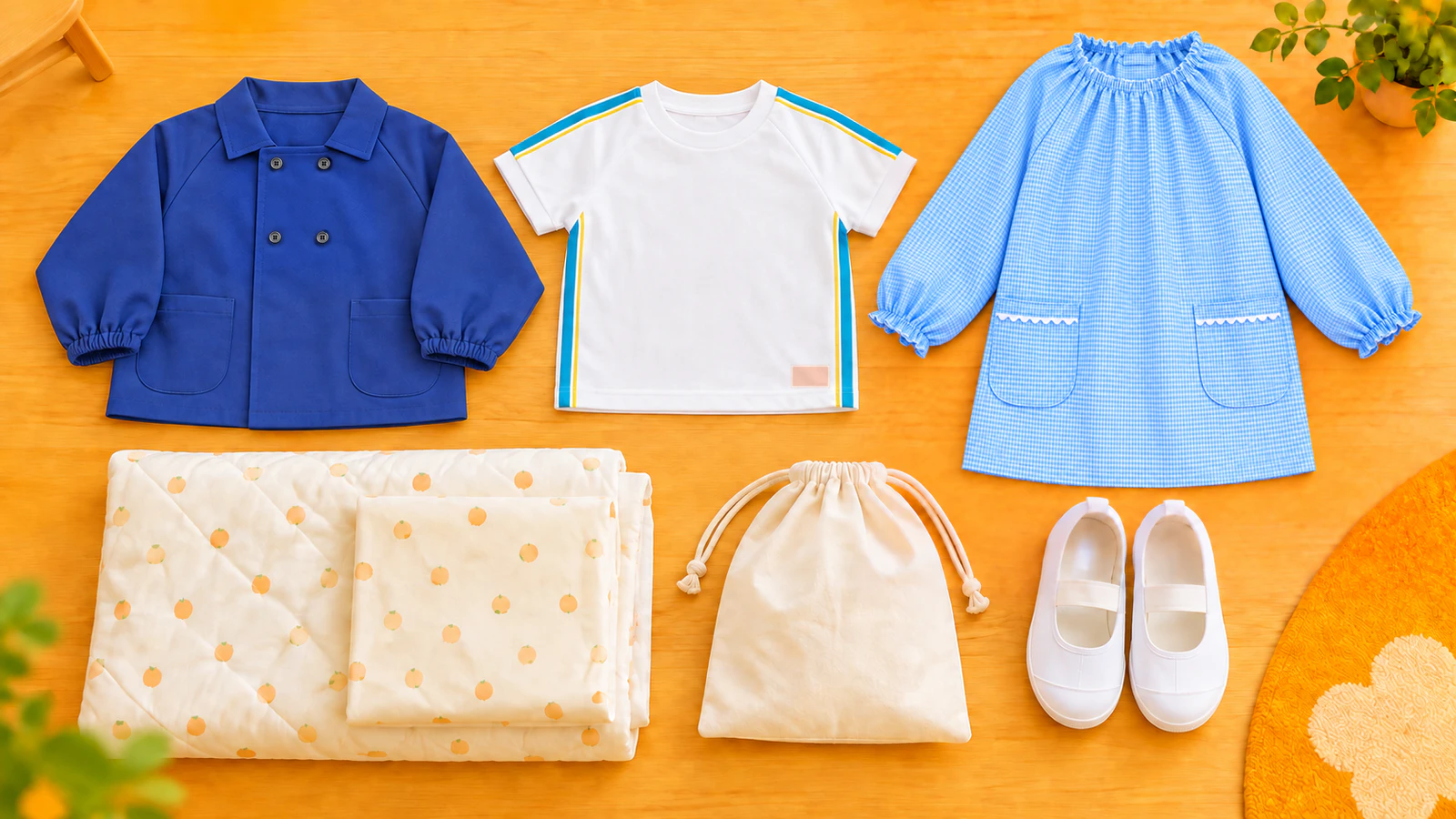 机の上に並べた園の冬服、体操服、スモックと、たたんだお昼寝布団、無地の着替え袋と上履き