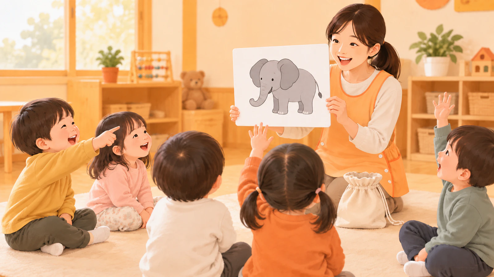 保育室で先生がゾウの絵カードを見せ、普段着の子どもたちが座って指さしたり手を挙げたりしている様子