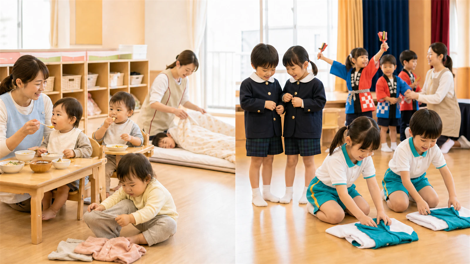 未満児の食事・午睡・着替えと、キリンジの冬制服・体操服を使う幼児の園生活を比較した場面
