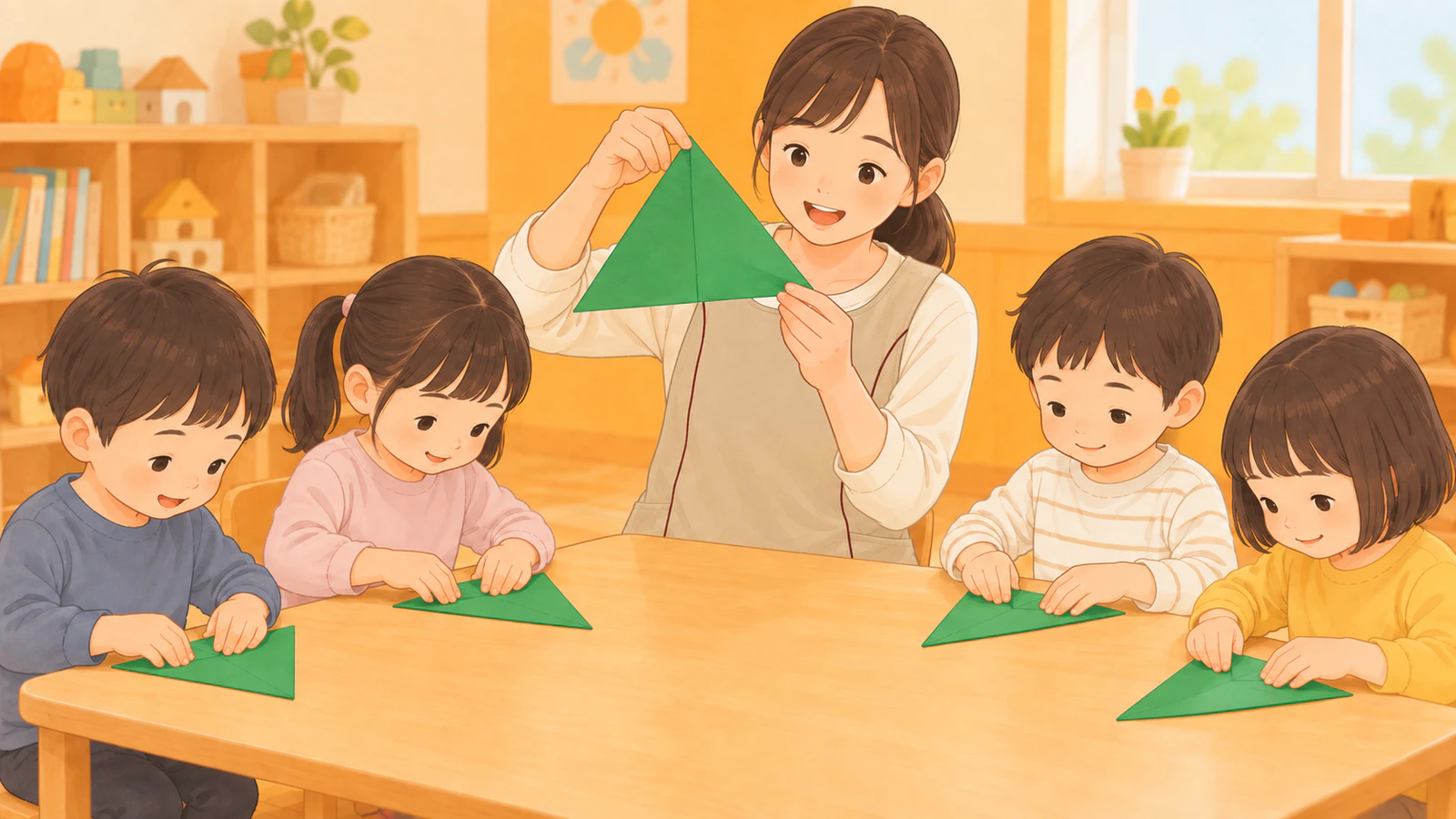 保育室で先生が大きな緑の紙の角と角を合わせて見せ、普段着の子どもたちが机で同じように紙を折っている様子