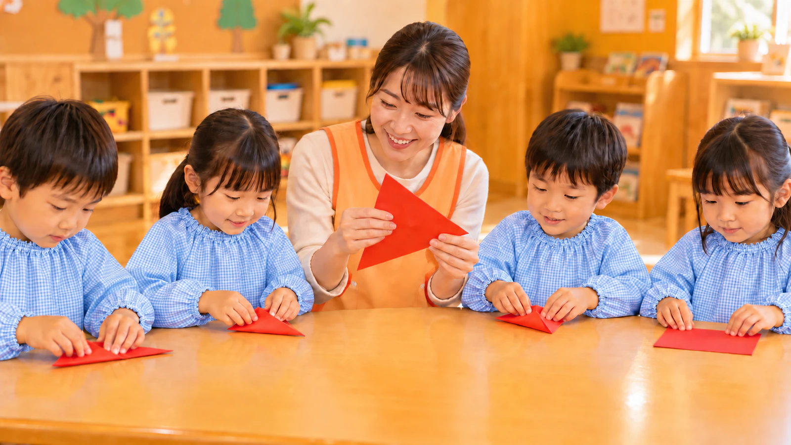 先生が子どもたちと同じ向きに並んで座り、手元の赤い折り紙で折り方を見せ、スモックを着た子どもたちがまねをして折っている様子