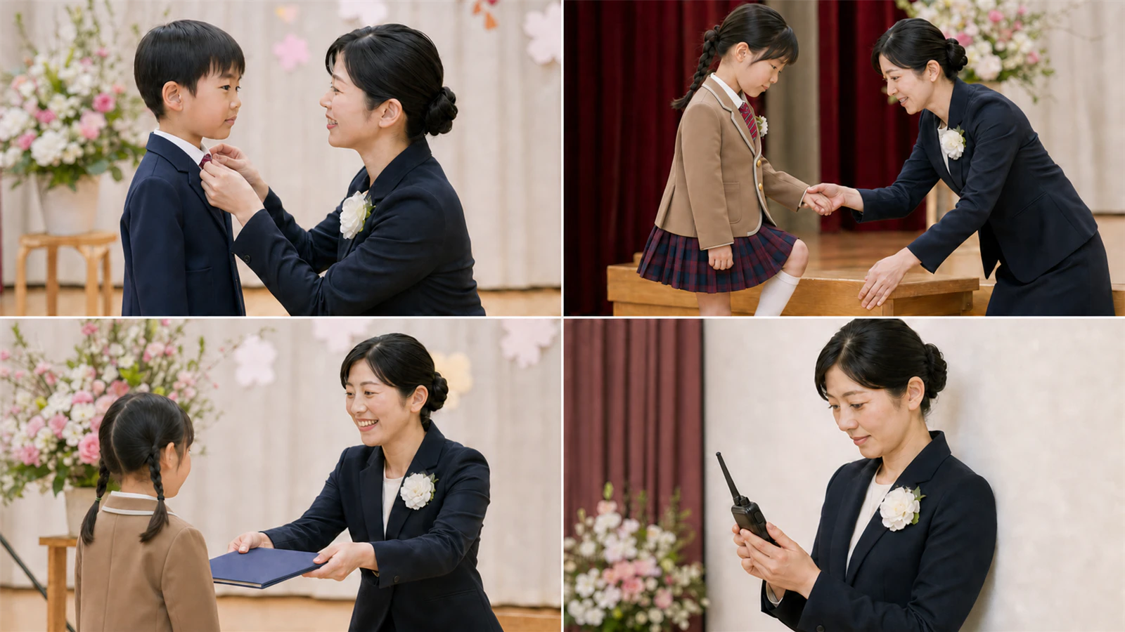 卒園式の先生がキリンジの制服を着た園児を支え、証書と機器を扱う様子