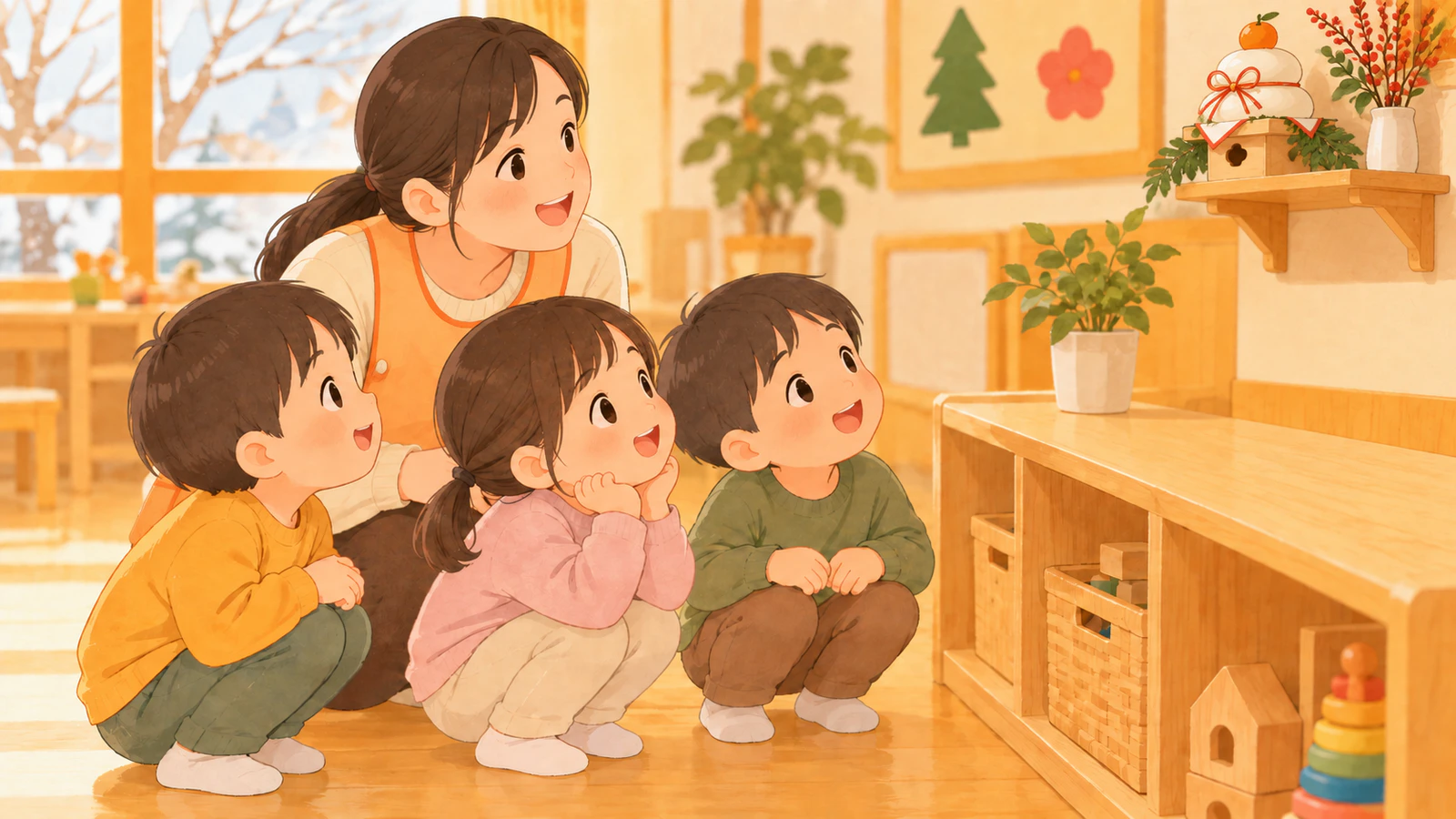 保育室の高い棚に飾った小さな鏡餅を、先生と普段着の子どもたちが下から見上げている様子