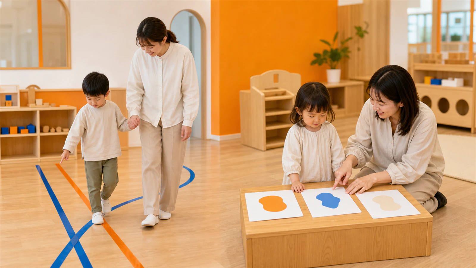 色のルートを選ぶ競技とカードの順番を相談する親子競技