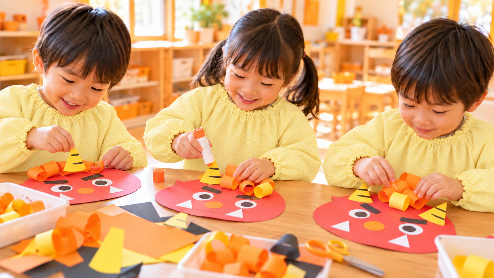 机を囲み、スモックを着た子どもたちが画用紙の鬼の顔にのりで角や髪を貼っている様子