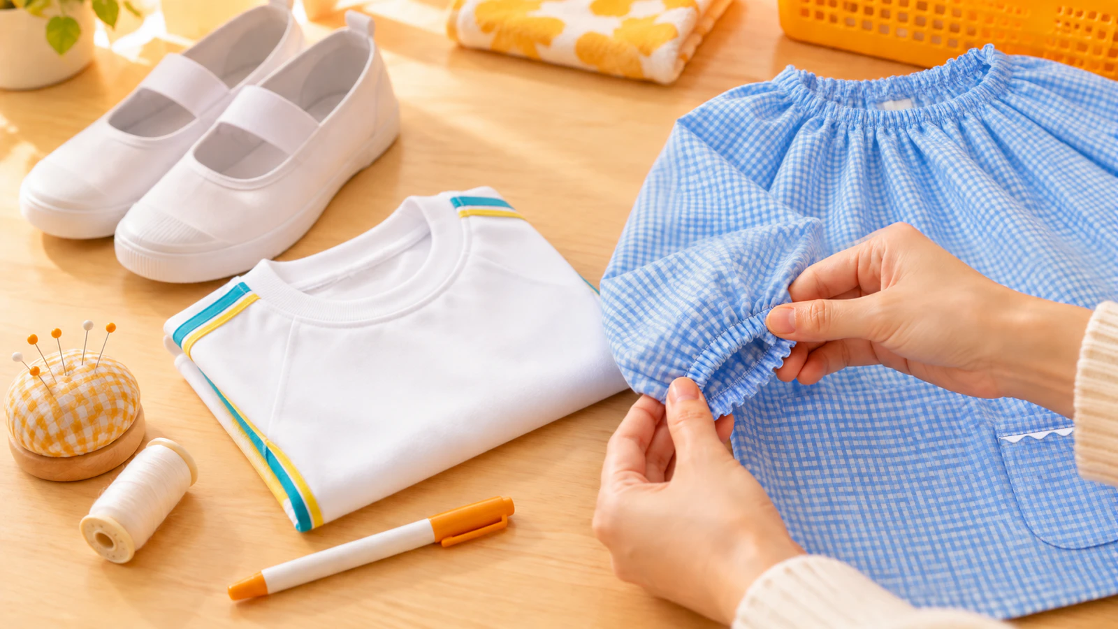 洗って畳んだ体操服と白い上履きの横で、大人の手がスモックの袖口のゴムを確かめている手元