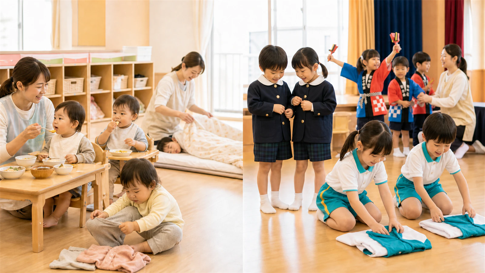 未満児の食事・午睡・着替えと、キリンジの冬制服・体操服を使う幼児の園生活を比較した場面