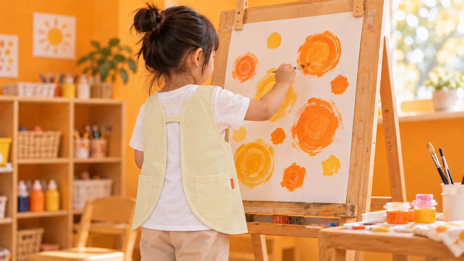 ベージュ（クリーム色）の袖なしの遊び着エプロンを着た子どもが、画板の前で絵の具を使う後ろ姿