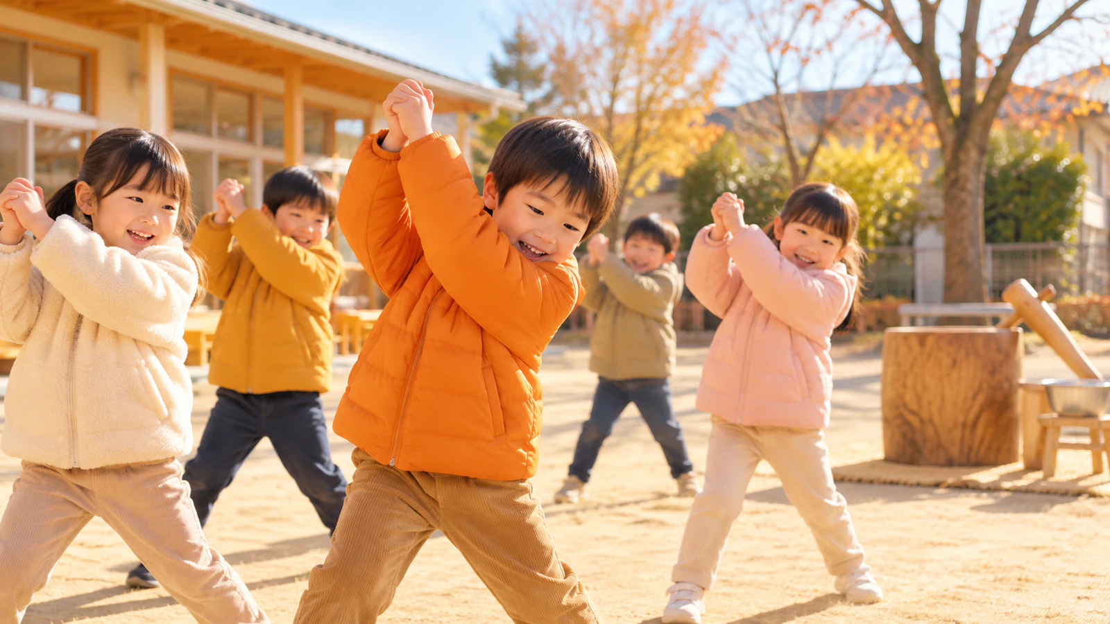 冬の園庭で、本物の臼と杵を前に、普段着の上着の子どもたちが両手で杵を振るまねをしている様子