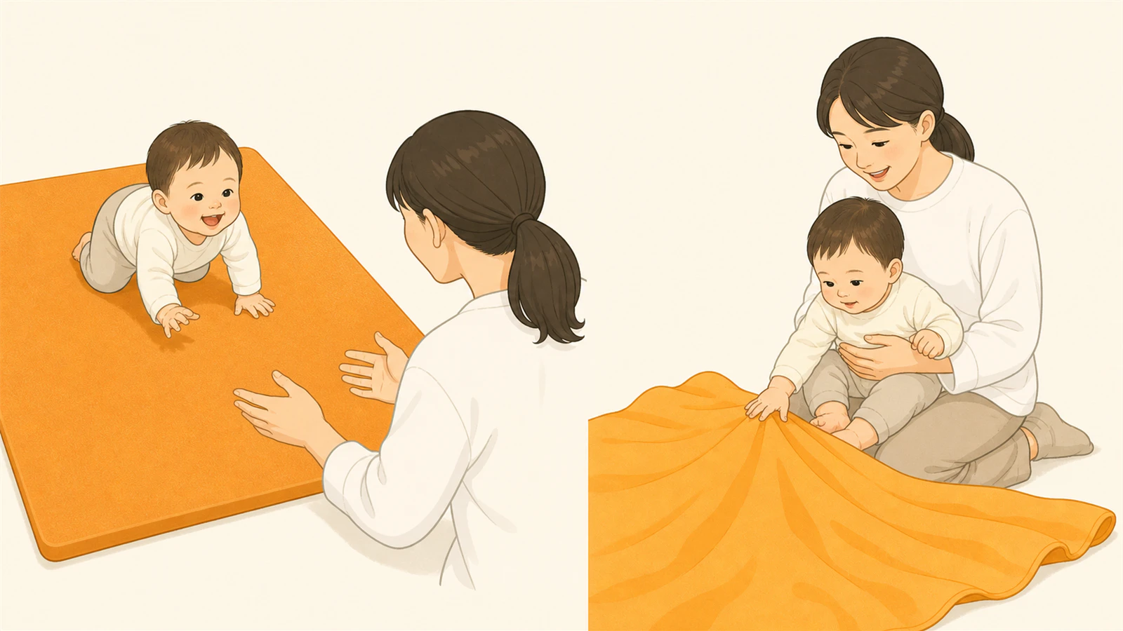 保護者のもとへ進むはいはいレースと抱っこで布へ触れる0歳児