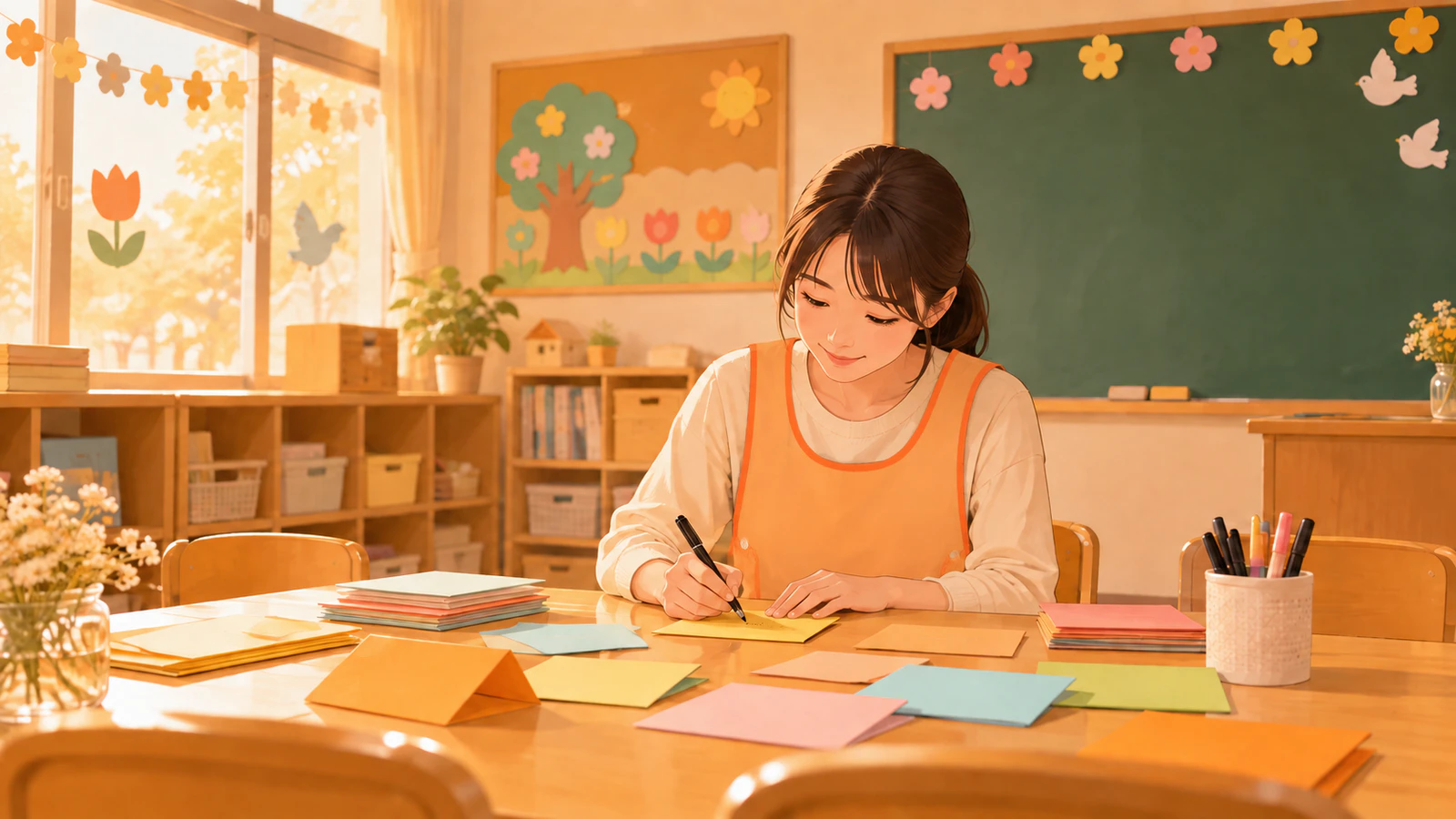 保育室の机で、先生が色とりどりの無地のカードを並べ、一枚ずつペンで書いている様子