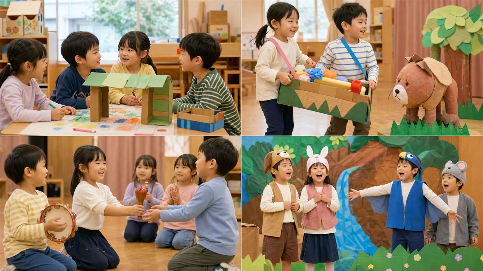 相談、道具作り、役割交代、物語づくりをする4・5歳児の発表会