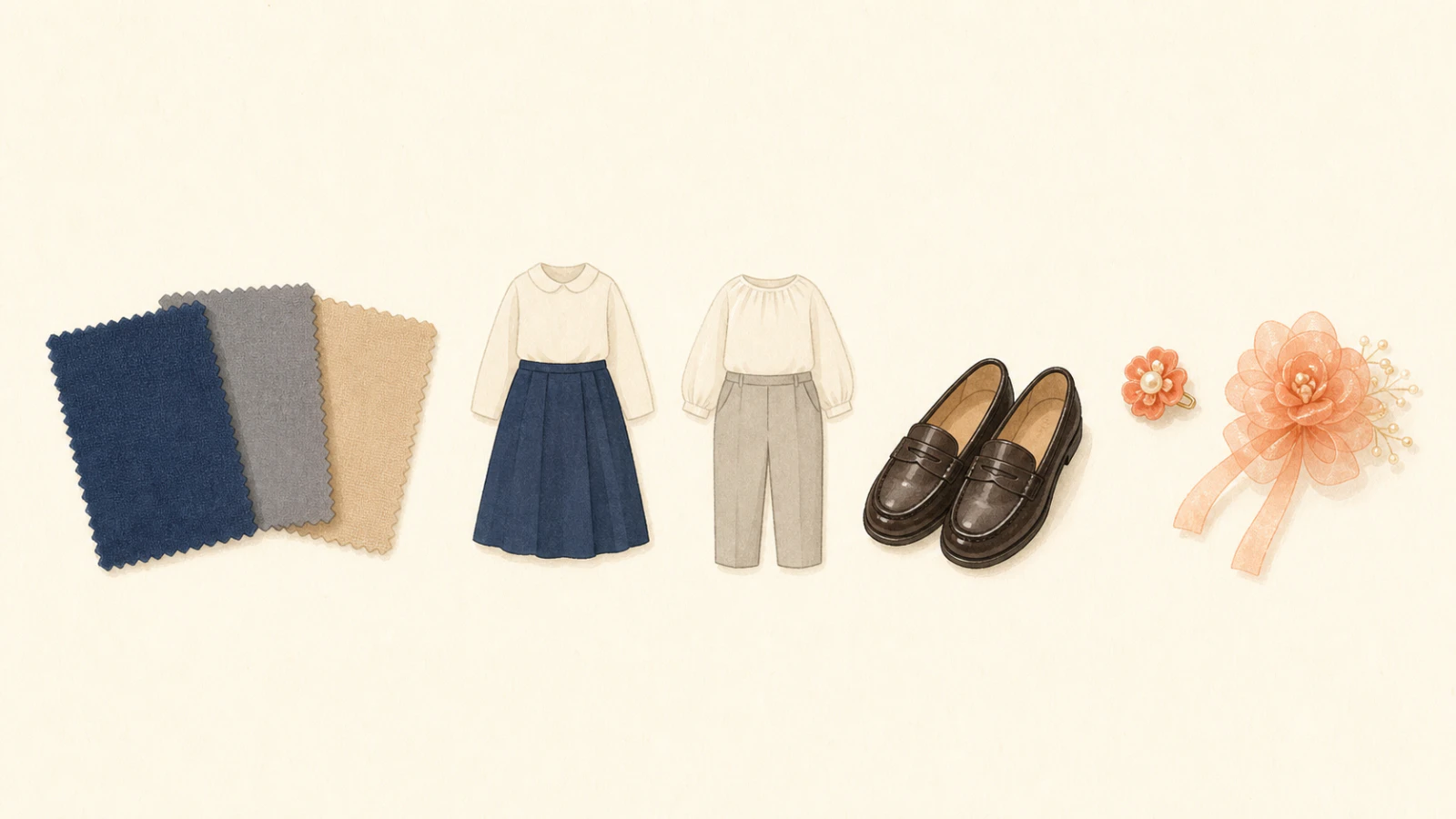 色見本、丈、靴、装飾の有無を比べる私服選びの図