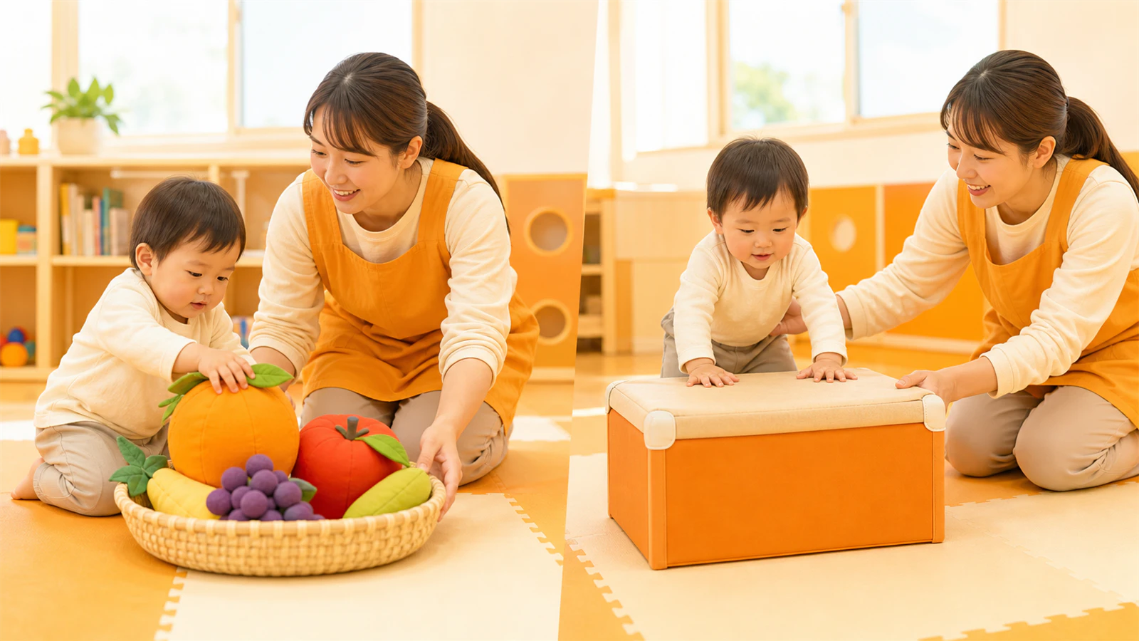 柔らかい果物を選ぶ競技と箱を押して進む1歳児の親子競技