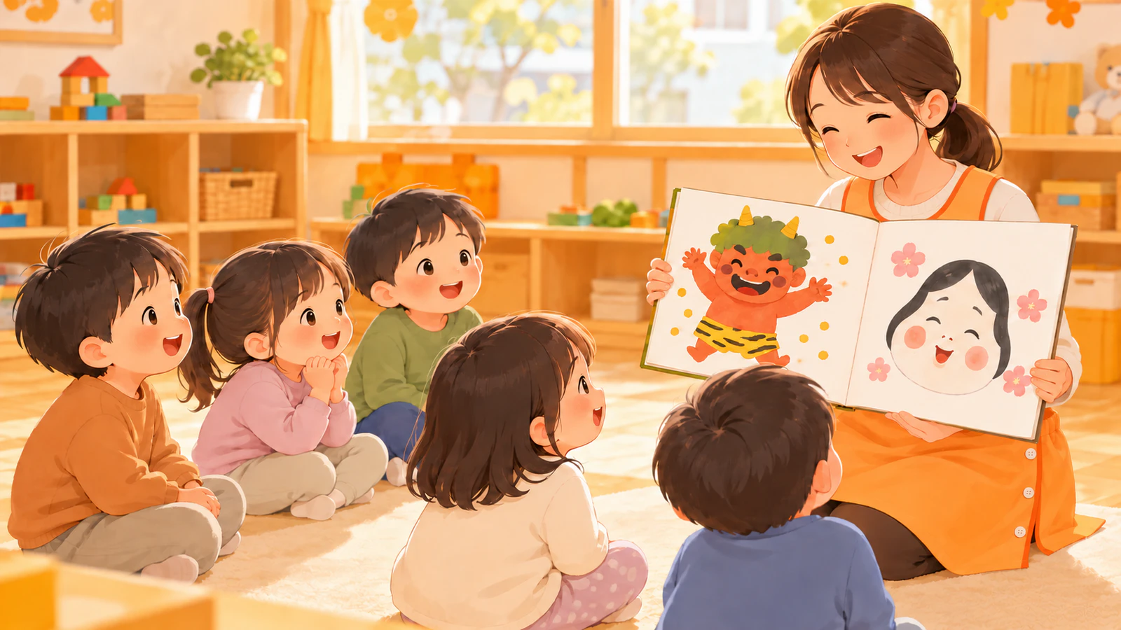 保育室で、エプロン姿の先生が節分の絵本を広げ、普段着の子どもたちが座って聞いている様子