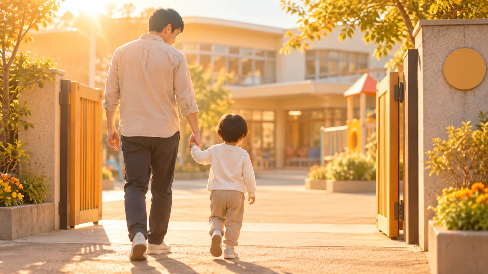 朝のやわらかい光の中、手をつないで園の門へ向かう親子の後ろ姿