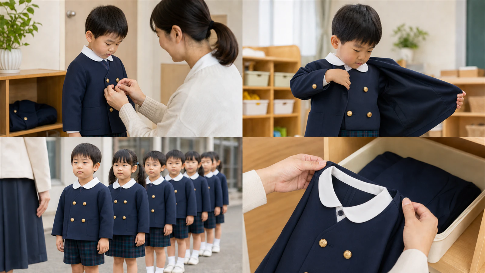 キリンジの冬制服について、ボタン留め・自分での着脱・列での着用・記名位置を確認する4場面