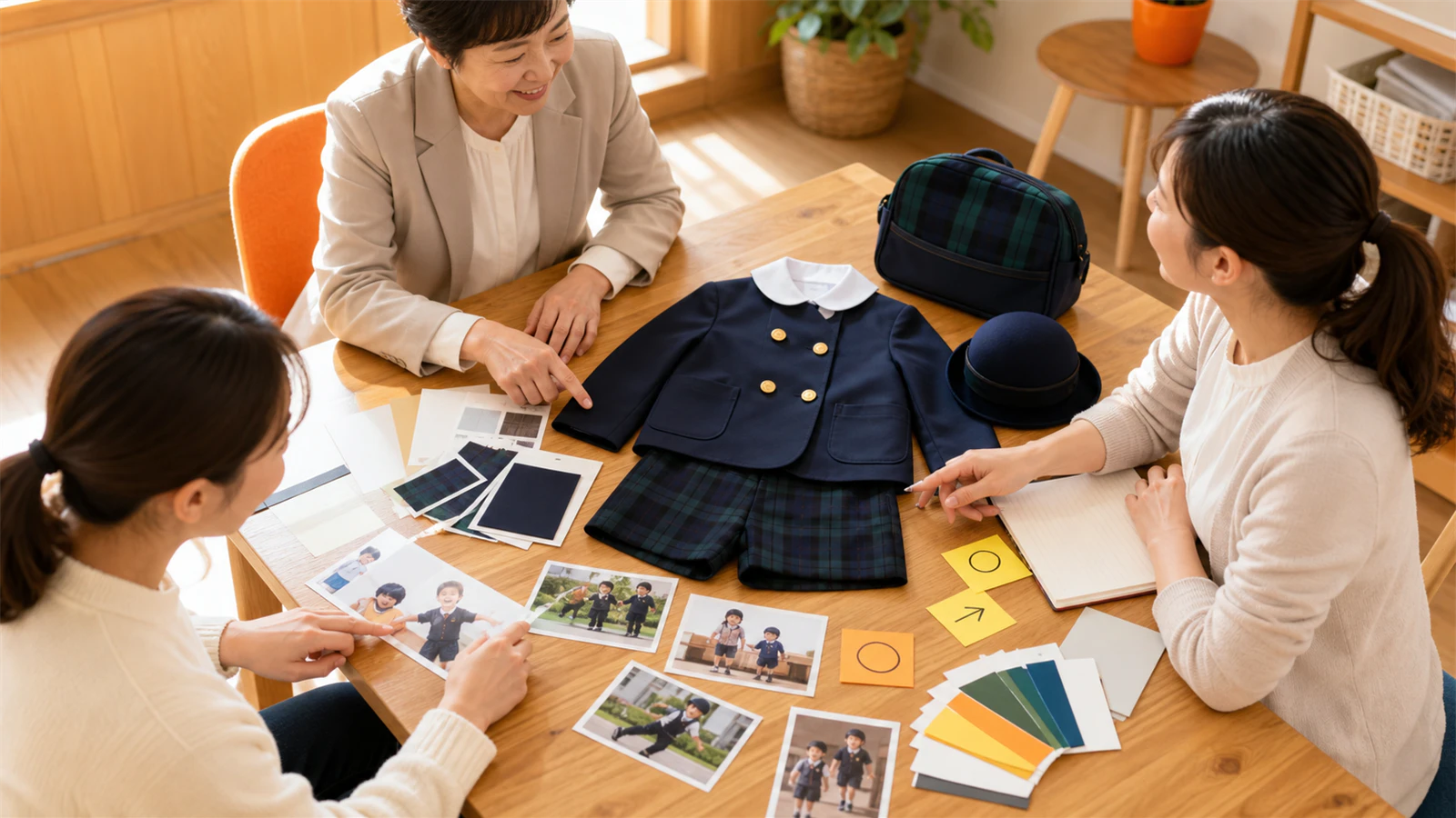 キリンジの冬制服見本と生地・動作写真を囲み、リニューアル条件を整理する会議